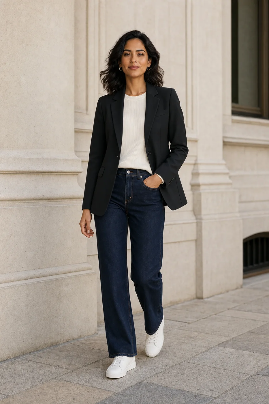 An editorial photo generated by Kleido: its owner wearing her own black blazer
