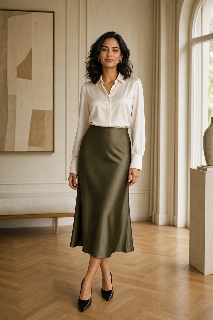 The same blouse worn by its owner in a generated editorial photo